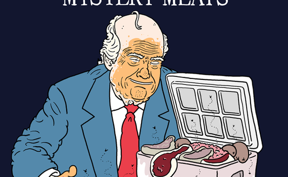 (panel 1 - Title on a gross, wet styrofoam box of meat in the style of a Trump Steaks ad.) White House Mystery Meats