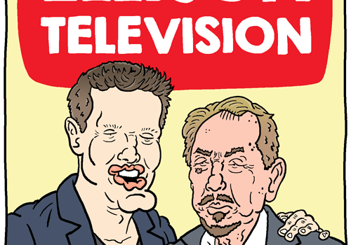 (panel 1 - Title on a TV Guide parody with Larry and David Ellison.) Ellison Television