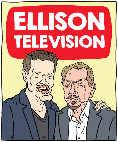 (panel 1 - Title on a TV Guide parody with Larry and David Ellison.)
Ellison Television